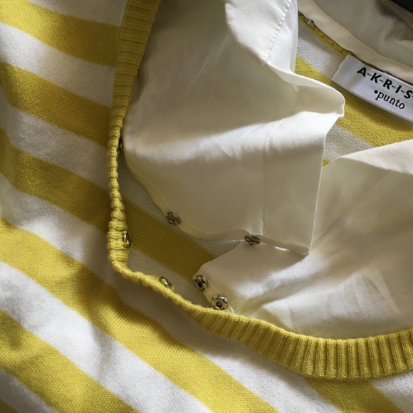AKRIS PUNTO Yellow + White Stripe Cotton Sweater w/ Detachable Collar 8 M - Picture 7 of 7